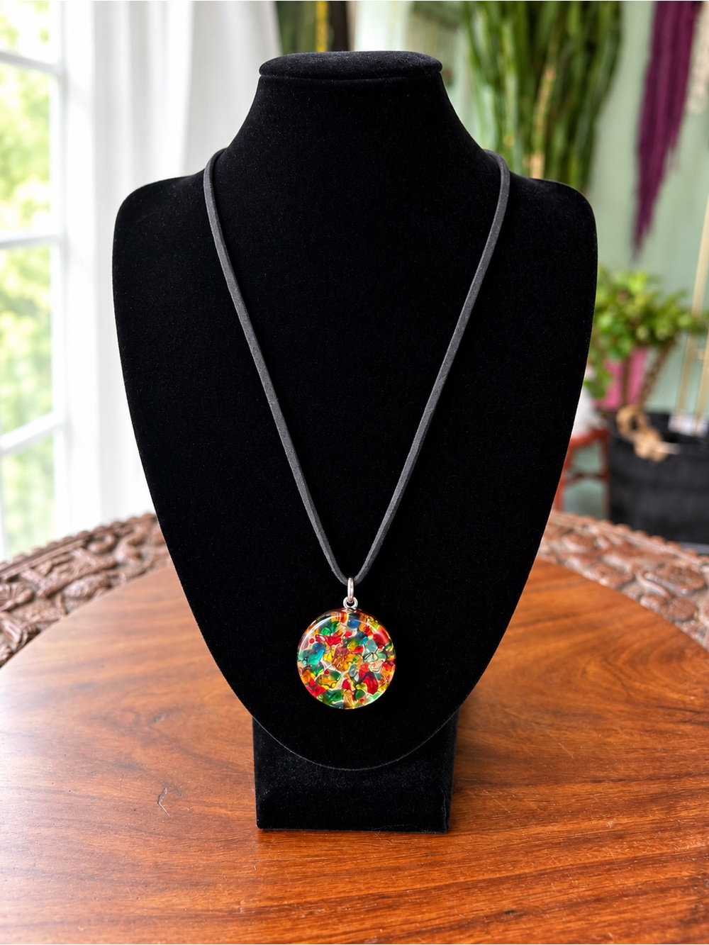 Murano Glass Multicolor Mosaic Round Pendant Necklace Black Suede Cord Italy